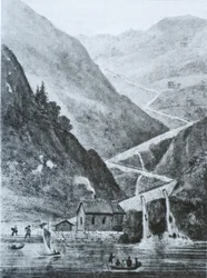 Vestlandske Hauptstraße östlich vom Fedafjord, Rørvikkleven. Lithografie